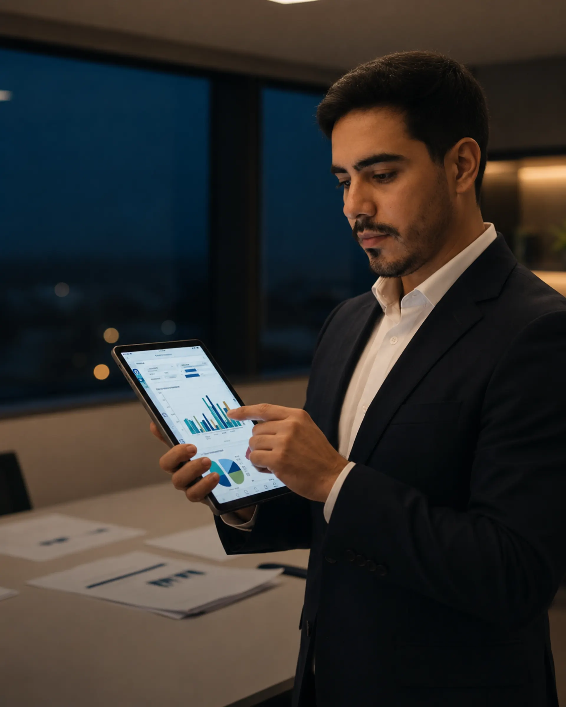 Executivo analisando dashboard financeiro em tablet em sala corporativa ao entardecer